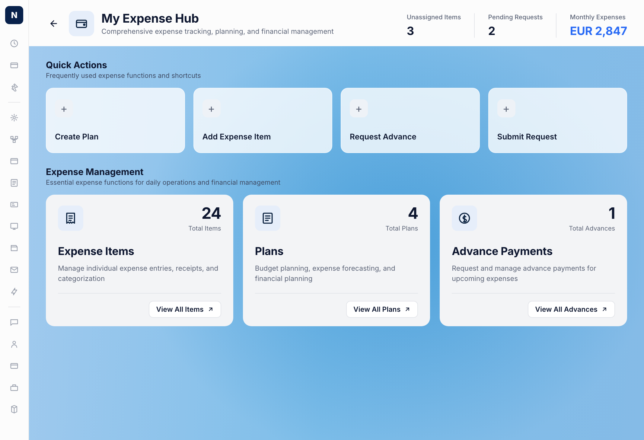 Expenses+ My Expense Hub showing quick actions for Create Plan, Add Expense Item, Request Advance, Submit Request